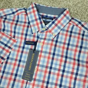 NWT Mason James Stretch Mens Small Red White Blue Gingham Check Button Down SS